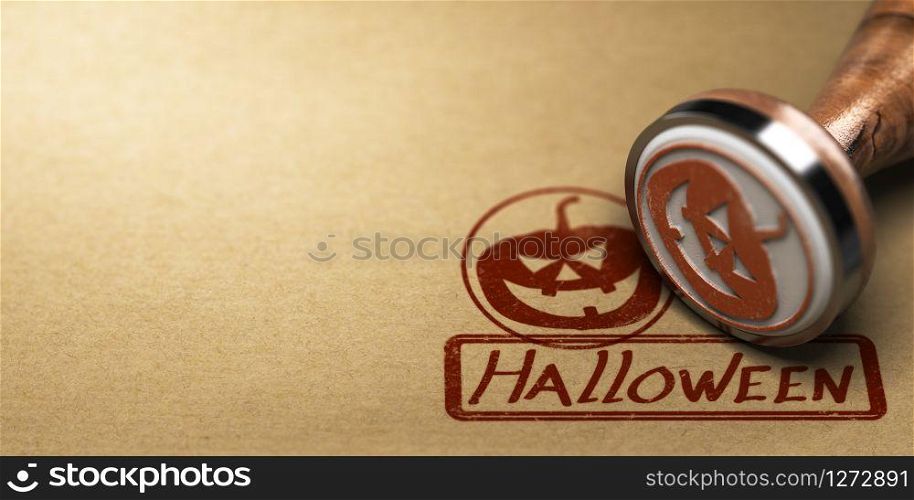 3D illustration of a rubber stamp with a pumpkin symbol and the word halloween printed on paper background.. Halloween Background Image.