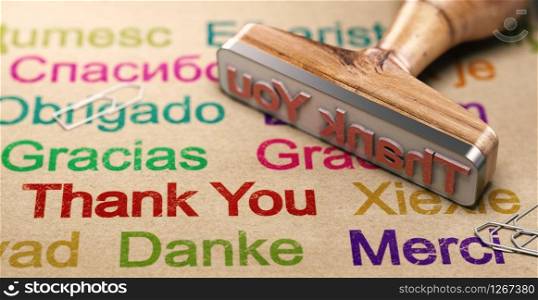 3D illustration of a rubber stamp with a thank you message written in different languages. Communication Concept. Multilingual Message Of Thanks, Using English, German, Spanish and French Languages