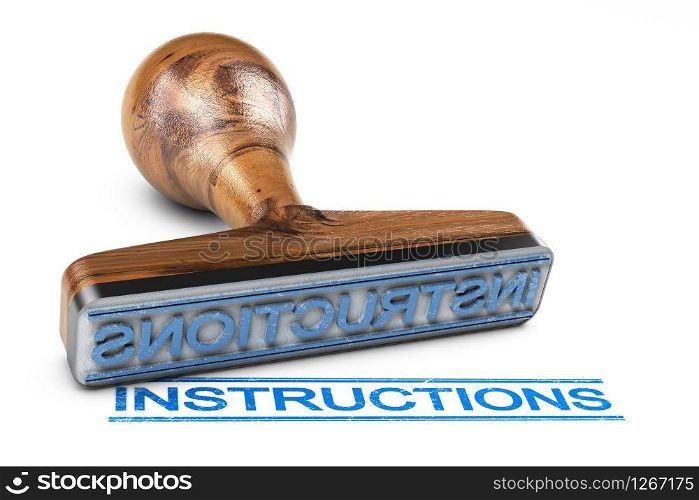 3d illustration of a rubber stamp with text instructions over white background. Instruction Manual