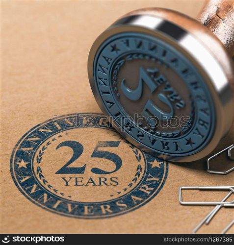 3d illustration of a rubber stamp with the text 25 years anniversary printed on a brown paper. Tenth year celebration card background.. 25th anniversary Celebration Communication.