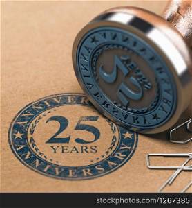 3d illustration of a rubber stamp with the text 25 years anniversary printed on a brown paper. Tenth year celebration card background.. 25th anniversary Celebration Communication.