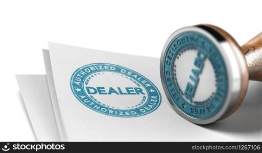 3d illustration of a rubber stamp with the text authorized dealer printed in blue color on a sheet of paper over white background.. Authorized Dealer or Retailer Certification. Rubber Stamp over white background.