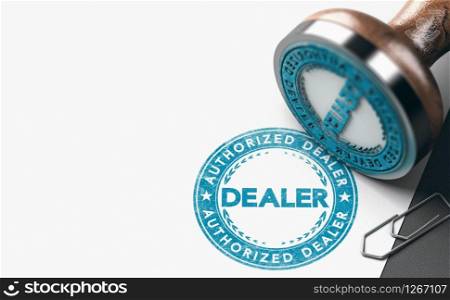 3d illustration of a rubber stamp with the text authorized dealer printed in blue color on a sheet of paper.. Authorized Dealer or Retailer Certification.