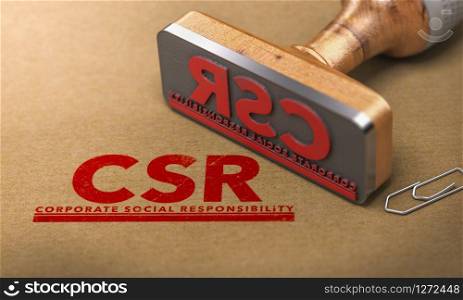3D illustration of a rubber stamp with the text Corporate Social Responsibility (CSR), stamped on paper background.. Corporate Social Responsibility, CSR