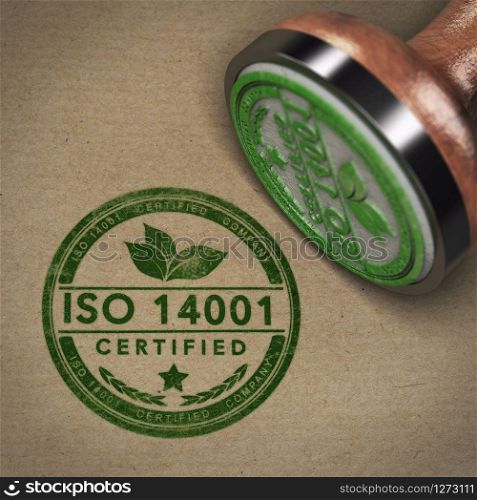 3D illustration of a rubber stamp with the text ISO 14001 over brown cardboard background. ISO 14001 Certified Company Label