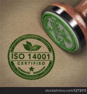 3D illustration of a rubber stamp with the text ISO 14001 over brown cardboard background. ISO 14001 Certified Company Label