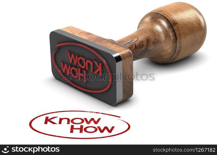3D illustration of a rubber stamp with the text Knowhow printed on white background. Knowhow Word Over White Background