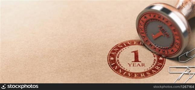 3d illustration of a rubber stamp with the text one year anniversary printed on a brown paper. First celebration card background.. First Anniversary Horizontal Background, One Year Celebration Card