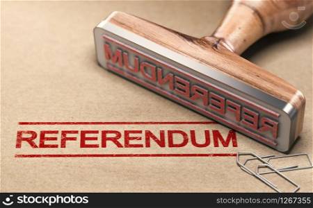 3D illustration of a rubber stamp with the text referendum printed on paper background. Referendum, Democratic And Direct Vote