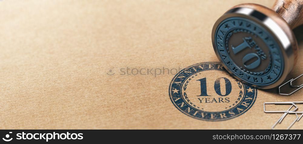 3d illustration of a rubber stamp with the text ten years anniversary printed on a brown paper. Tenth year celebration card background.. Tenth Anniversary Horizontal Background, One Year Celebration Card