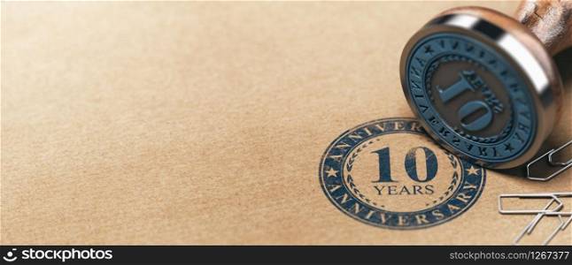 3d illustration of a rubber stamp with the text ten years anniversary printed on a brown paper. Tenth year celebration card background.. Tenth Anniversary Horizontal Background, One Year Celebration Card