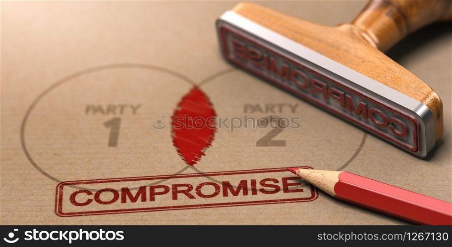 3D illustration of a rubber stamp with the word compromise printed on a brown paper with the text party one and two. Conflict Resolution, Compromise Between Two Parties