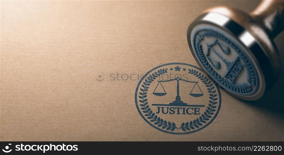 3d illustration of a rubber stamp with the word justice and a scale of justice printed on kraft paper background with copy space.. Scales of justice Stamp