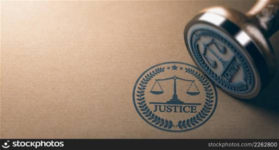 3d illustration of a rubber stamp with the word justice and a scale of justice printed on kraft paper background with copy space.. Scales of justice Stamp