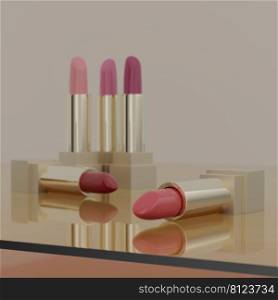 3d illustration of a set of lipsticks on glass surfaces. Fashion cosmetics. Makeup design background. Use flyer, banner, flyer template for advertising.