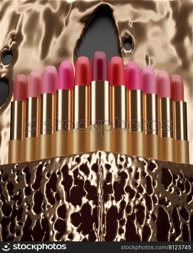 3d illustration of a set of lipsticks with the effect of molten gold.Fashion cosmetics. Makeup design background. Use flyer, banner, flyer template for advertising.