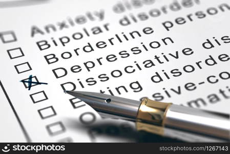 3D illustration of a sheet of paper with a list of mental health disorders with diagnosis of depression and a fountain pen. Mental Health Disorder List, Depression Diagnosis