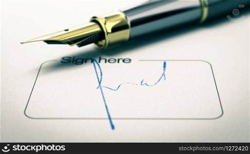 3D illustration of a signature on a document with golden fountain pen. Concept of agreement or approval. Horizontal image. Signature on a Document