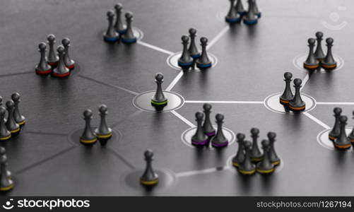 3d illustration of a social network with people connected together over black background. Modern design.. Social Networking Concept. People Connected Together with a Leader