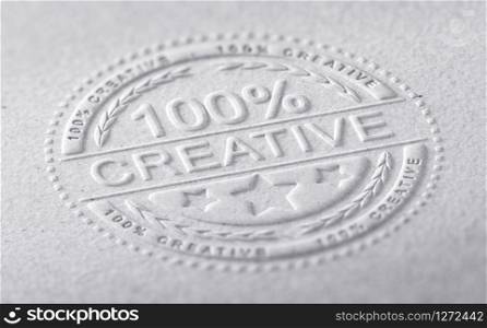 3D illustration of a stamp embossed on a paper texture with the text one hundred percent creative, horizontal image. Communication concept for creative advertising company. Creative Graphic Design