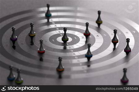 3D illustration of a target with pawns over black background. Commercial challenge, incentive and sales rep motivation concept.. Incentive, Commercial Challenge. Sales Rep Motivation.