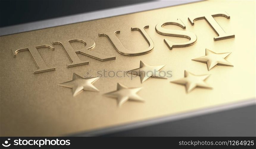 3D illustration of a the word trust and five stars over golden background. Trustworthy Company Concept. Golden Sign With Five Stars.