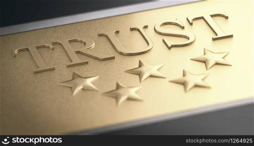 3D illustration of a the word trust and five stars over golden background. Trustworthy Company Concept. Golden Sign With Five Stars.