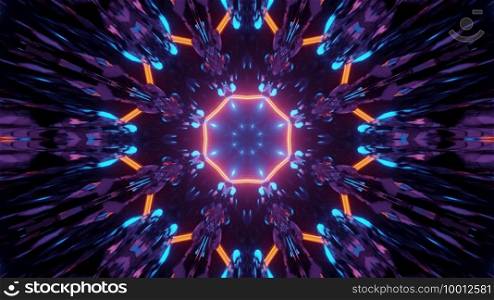 3d illustration of abstract background of bright neon tunnel in shape of symmetric flower. 3d illustration of kaleidoscopic neon corridor