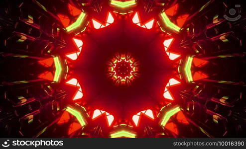 3d illustration of abstract background of bright round shaped corridor with geometric shapes illuminated by red and green lights. 3d illustration of geometric vivid corridor