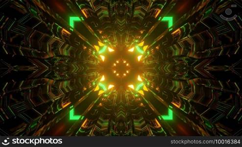 3d illustration of abstract background of bright sci fi tunnel with geometric shapes and arrows glowing with green and orange lights. 3d illustration of vivid futuristic corridor