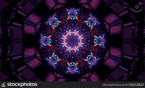 3d illustration of abstract background of creative bright tunnel with geometric shapes illuminated by colorful neon lights. 3d illustration of ornamental endless corridor