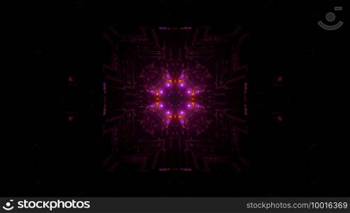 3d illustration of abstract background of dark cross shaped tunnel glowing with pink neon lights. 3d illustration of dark futuristic corridor