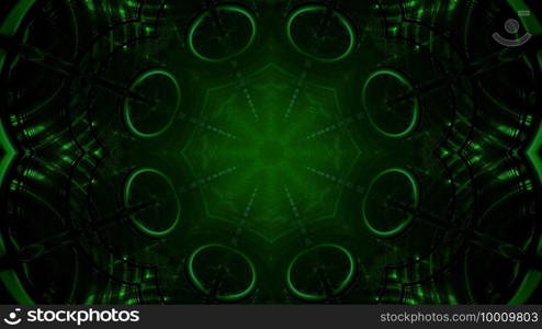 3d illustration of abstract background of dark endless corridor with round shapes and lines illuminated by green light. 3d illustration of dark round shaped tunnel