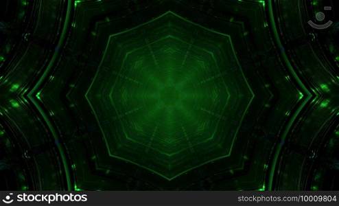 3d illustration of abstract background of dark geometric symmetric tunnel with reflection of green light. 3d illustration of dark green round tunnel