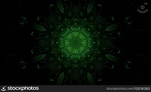 3d illustration of abstract background of dark symmetric tunnel in shape of circle with green neon illumination. 3d illustration of green endless corridor