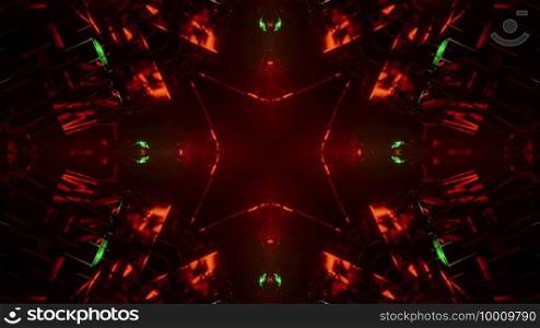 3d illustration of abstract background of dark tunnel with geometric shapes illuminated by red and green neon lights. 3d illustration of dark red tunnel