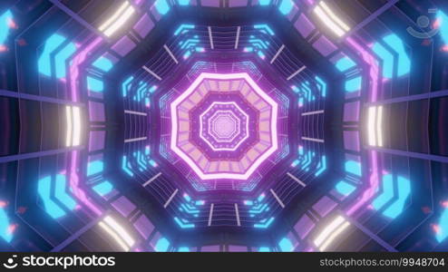 3d illustration of abstract background of endless corridor with glass walls and illumination of blue and purple colors. 3d illustration of geometric tunnel with neon lights