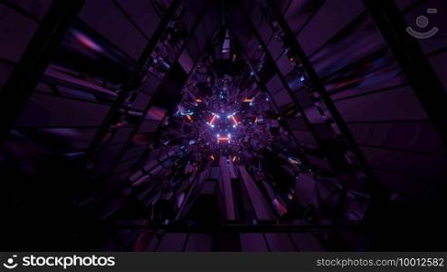 3d illustration of abstract background of endless futuristic tunnel in shape of triangle with neon illumination. 3d illustration of dark endless corridor