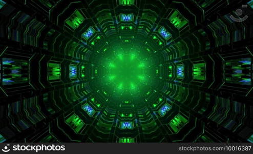 3d illustration of abstract background of geometric endless tunnel with reflection of green and blue neon lights. 3d illustration of round shaped futuristic corridor
