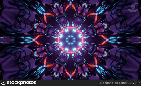 3d illustration of abstract background of glowing flower shaped tunnel with colorful neon illumination. 3d illustration of colorful neon corridor