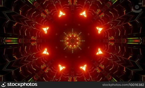 3d illustration of abstract background of glowing sci fi tunnel with bright neon illumination. 3d illustration of geometric tunnel with symmetrical ornaments