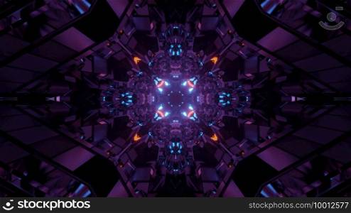 3d illustration of abstract background of kaleidoscopic dark tunnel glowing with neon illumination. 3d illustration of geometric futuristic corridor