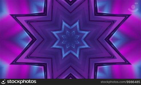3D illustration of abstract background of kaleidoscopic tunnel in shape of flower with purple and blue neon illumination. 3D illustration of geometric corridor