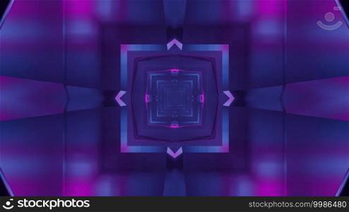 3D illustration of abstract background of square shaped endless corridor with blue and purple illumination. 3D illustration of dark neon tunnel