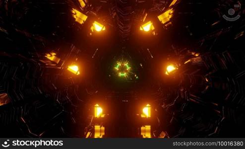 3d illustration of abstract background of three dimensional futuristic tunnel in shape of triangle illuminated by orange and green lights. 3d illustration of triangle endless tunnel