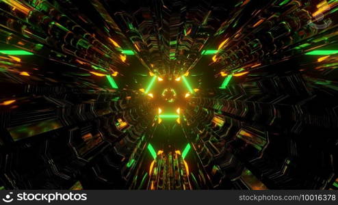 3d illustration of abstract background of triangle shaped sci fi tunnel glowing with bright green and orange illumination. 3d illustration of geometric futuristic corridor