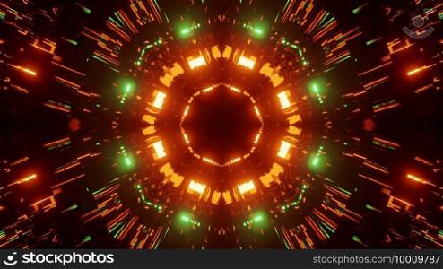 3d illustration of abstract background of vibrant endless round shaped tunnel with orange and green neon illumination. 3d illustration of vivid endless corridor