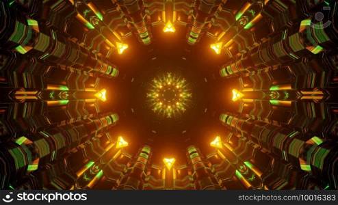 3d illustration of abstract background of vivid endless tunnel in shape of circle illuminated by green and orange neon lights. 3d illustration of round endless corridor with neon lights