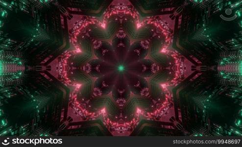 3d illustration of abstract background with flower shaped metal tunnel illuminated by pink and green lights. 3d illustration of futuristic flower shaped metal corridor