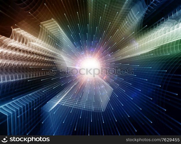 3D Illustration of abstract burst, fractal distorted gears and lights on the subject of modern technology, science and education